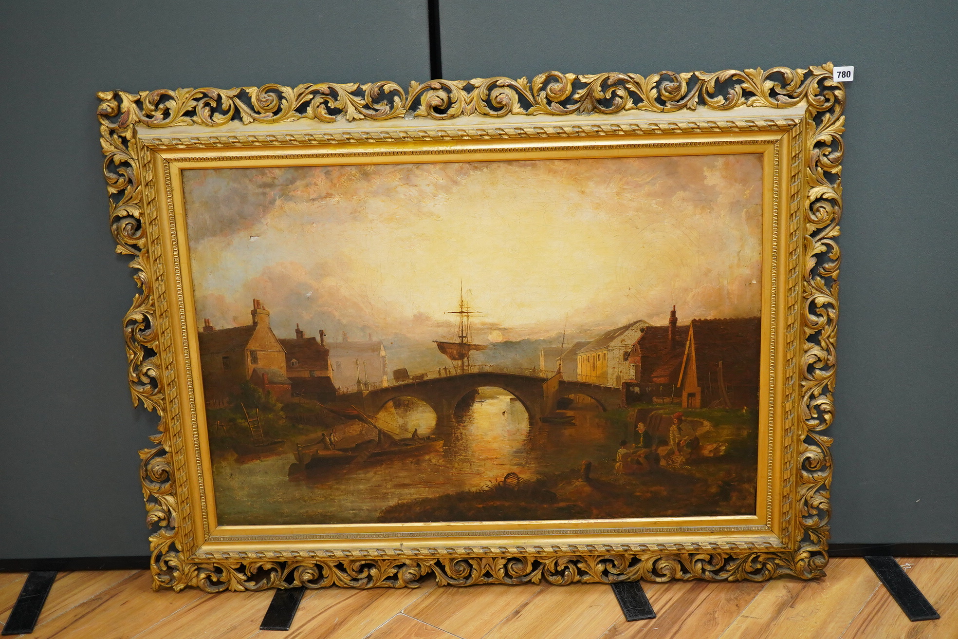 19th century, English School, Arundel riverscape, unsigned, oil on canvas, 60 x 91cm, ornate carved giltwood frame